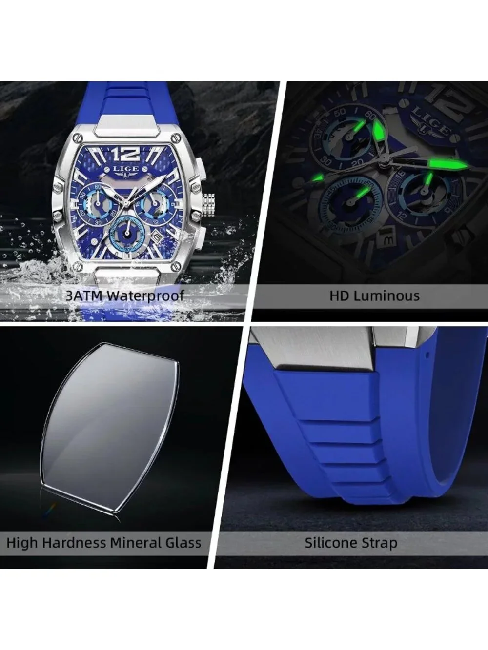 Men's Blue and Silver Square Chronograph Stainless Steel Quartz Wrist Watch